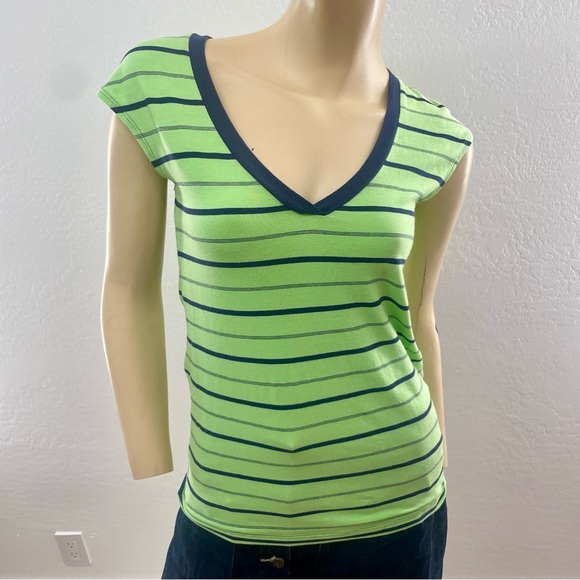 Theory- bright green and blue striped v neck tank- small - Picture 2 of 12